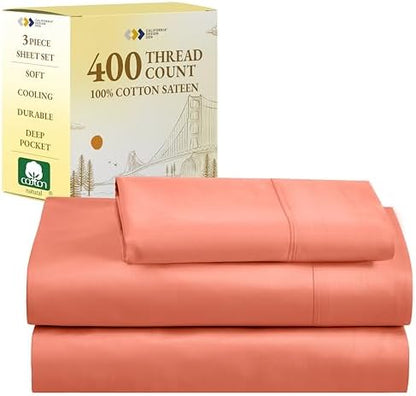 California Design Den Twin XL Sheets Set - Soft 400 Thread Count Sateen, Natural 100% Cotton Bed Sheets Twin XL, Deep Pockets with All Around Elastic for a Snug Fit, Durable Bedding - Bright Salmon