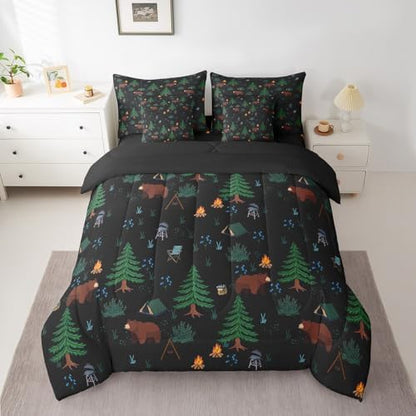 Erosebridal Hunting Bear 7 Piece Comforter Set Twin Bed in a Bag,Happy Camping Bedding Set for Kids,Camper Theme Down Comforter,Pine Tree Woodland Sheet Set,Wild Animals Quilt Bedroom Decor,Black