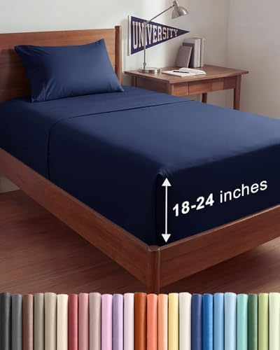 Extra Deep Twin XL Sheet Set - 3 Piece College Dorm Room - Navy Blue