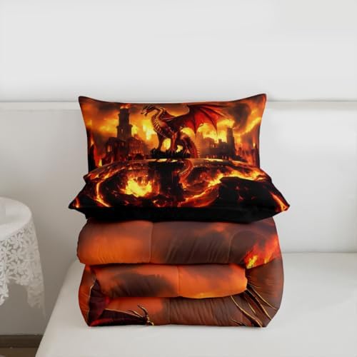 Feelyou Dragon Kids Comforter Set King Size Flame Dragon Bedding Set Fantasy Animal Duvet Quilt for Kids Boys Girls Bedroom Magical Beast Decor Wild Animal Microfiber Ultra Soft Breathable