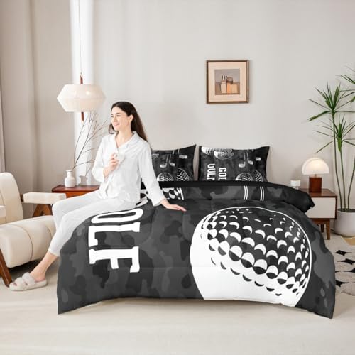 Erosebridal Boys Golf Bed in A Bag King 7 Pieces - Sports Decor Comforter Set with Sheets 3D Golf Printing Bed Sets for Teen Kids Winter Sports Games Bedding with Flat and Fitted Sheet