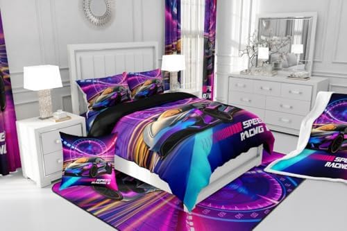 Boys Racing Car Comforter Set,Cool Speed Race Car Bedding Set Toddler Size for Kids Boys Teens Bedroom,Blue Purple Speed Dashboard Sports Cars Down Comforter,Automobile Extreme Sport Quilted Duvet