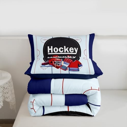 Homewish Hockey Sport Player King Size Comforter Set,Kids Ice Hockey Decor All Season Bedding Set,Teens Helmet Skates Comforter,Girls Navy and Red Decor Quilt Set Bedroom Collection 3Pcs