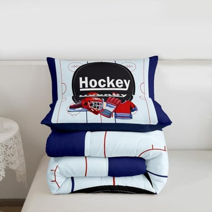 Homewish Ice Hockey Comforter Set,Hockey Equipment Bedding Set for Kids Girls Women,Adults Winter Sports Comforter,Navy and Red Quilted Duvet Set Bedroom Collection Twin Size 2Pcs
