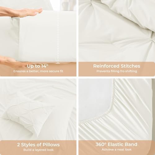 Sasttie Twin XL Comforter Set, 5-Piece Bed in a Bag, Pintuck Bedding Sets for All Season, Includes Comforter, Flat Sheet, Fitted Sheet, Pillowcase and Pillowsham, Ivory