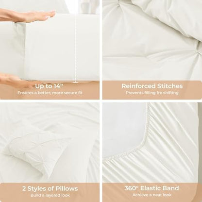 Sasttie Twin XL Comforter Set, 5-Piece Bed in a Bag, Pintuck Bedding Sets for All Season, Includes Comforter, Flat Sheet, Fitted Sheet, Pillowcase and Pillowsham, Ivory