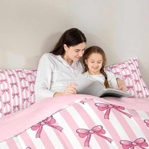 jejeloiu Pink Bow Bedding Set Soft for Boys Girls, Bowknot Comforter Set King Size Bow-tie Duvet Quilt Microfiber Colourful Bowknot Bedroom Decor 3 Pcs with 2 Pillow Cases