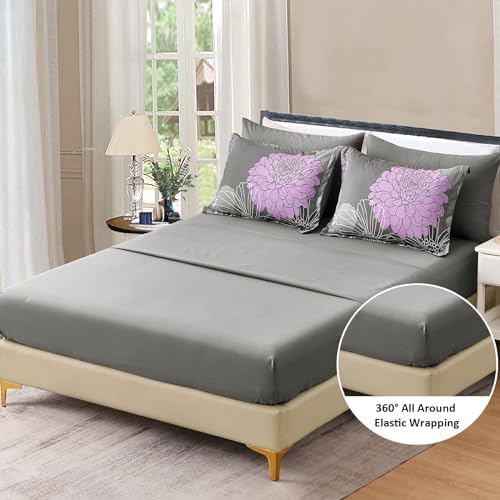Yiran Full Comforter Set -7 Pieces Purple Grey Floral Comforter Set for All Seasons,Bed in a Bag Full Flowers Comforter with Flat Sheet Fitted Sheet Pillowshams Pillowcases