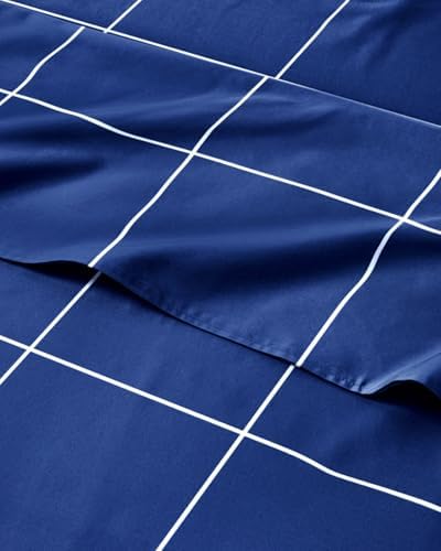 Queen 4 Piece Striped Sheet Set - Soft, Breathable & Cooling - Blue Grid