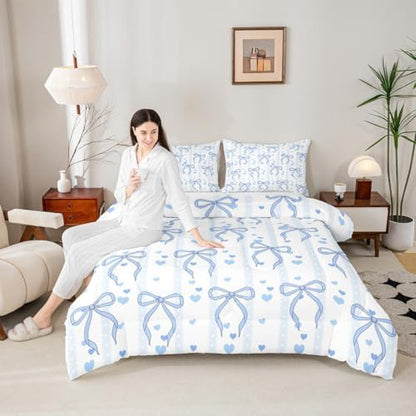Castle Fairy Blue Bowknot Queen Size Comforter Set,Cute Heart Print Blue Ribbon Duvet Insert for Kids Teens Adults,Dreamy Princess Bowknot Bedding Comforters for Bedroom Decor,3 Pcs