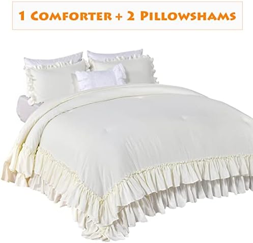Masaca Shabby King Size Comforter Set, Farmhouse Ivory Bedding Ruffled Comforter Set King,Lightweight Vintage Rustic Bedding 3 Pcs (1 Shabby Comforter and 2 Pillowcases)