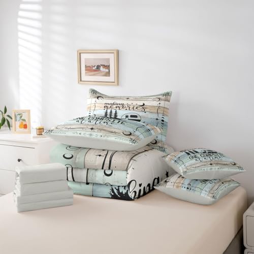 Happy Camping Comforter Set Queen, 7 Pieces Rv Camper Bed In A Bag Rustic Farmhouse Bedding Vintage Old Barn Door Bed Set (1 Comforter,2 Pillowcase,2 Throw Pillow Covers,1 Flat Sheet,1 Fitted Sheet)