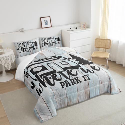 Farmhouse Rustic Camping King Size Comforter Set,Funny Home Where We Park It Bedding Set with 2 Pillowcases,Explore Camper Gifts RV Life Breathable Durable Inner Fill Polyester Bedspread