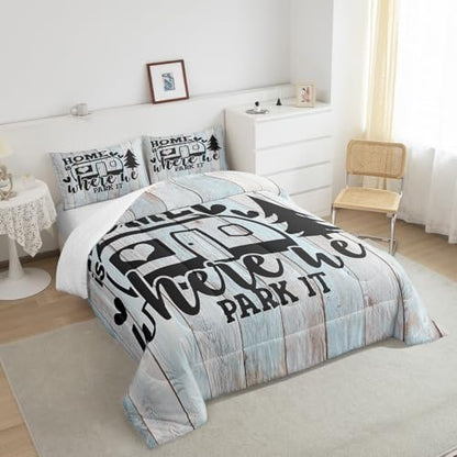 Farmhouse Rustic Camping King Size Comforter Set,Funny Home Where We Park It Bedding Set with 2 Pillowcases,Explore Camper Gifts RV Life Breathable Durable Inner Fill Polyester Bedspread