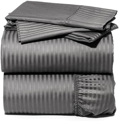 Mayfair Linen 100% Egyptian Cotton California King Sheet Set - Luxury 800 Series Striped Egyptian Cotton Cal King Sheets (4 PC, Dark Grey Stripe), Silky Soft Cooling 16" Deep Pocket Damask Hotel Sheet