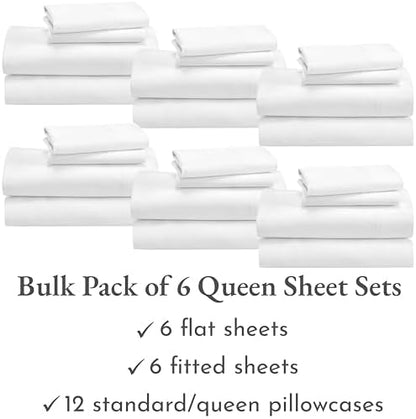California Design Den Bulk Pack of 6 Queen Size Sheet Sets - 600 Thread Count 100% Cotton Sateen, Deep Pockets, Case Includes 6 Flat Sheets, 6 Fitted Sheets & 12 Pillowcases (White)