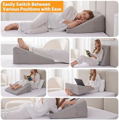 Ruqmuis Wedge Pillow for Sleeping, 10" Bed Wedges Pillow for Headboard, Triangle Incline Wedge for Acid Reflux, Pillows Wedge for Back Pain Relief, Elevated Leg Pillows After Surgery, Snoring, Grey