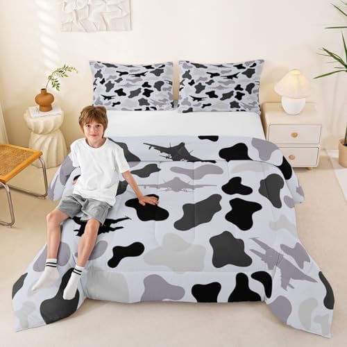 Manfei Grey Camouflage Comforter Set Full Size,Military Aircraft Camo Bedding Set 3pcs,Airplane Themed Camo Down Comforter for All Season,Kids Boys Girls Room Decor,2 Pillowcases,No Sheets