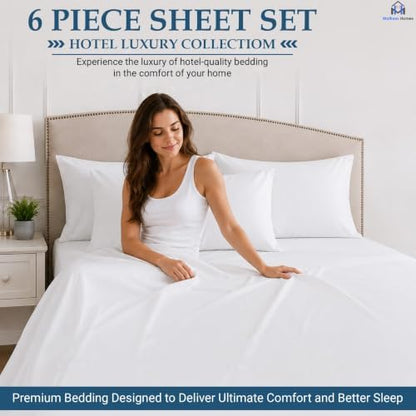 Mattress-Homes Extra Deep Pocket 6 Piece Full Sheet Set, Hotel Luxury Collection, 100% Egyptian Cotton, 21" Deep Fitted Sheet, Soft, Cool & Breathable Bedding with 4 Pillowcases in White Solid