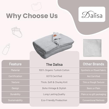Dalisa 100% Organic Turkish Cotton Throw Blanket - GOTS Certified, Cozy - Perfect for Couch, Bed, and Home Decor - Boho Vintage Knit Alina (Harbor Mist, 60x80)