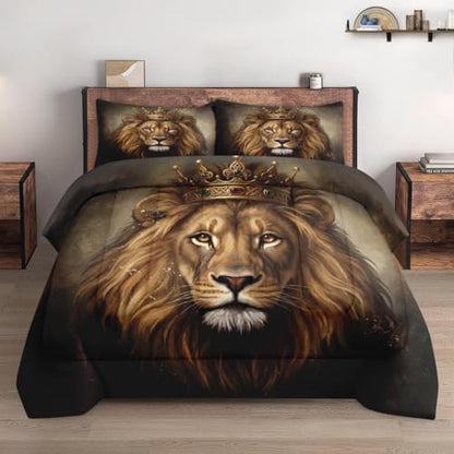 Pamnest Comforter Set Full Size, King Lion Golden Soft 3 Pcs Bedding for Kids and Adults, Animal Painting Cat Comforter Set with 2 Pillowcases, for Bedroom Bed Decor