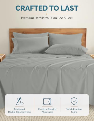 Casa Platino Bed Sheets Cal King – 100% Cotton Cal King Size Bed Sheet Set with 4 Pillowcases, Cool and Soft Percale Fabric, All-Season Comfort, Ultra Soft with 15" Deep Pocket Fitted Sheet – Grey