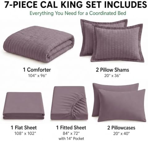 HIMEET California King Comforter Set, 7-Piece Seersucker, Dusty Purple