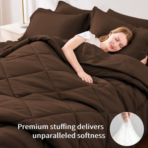 FUANNA Queen Comforter Set 7 Pieces, Brown Comforter, Soft Bed in a Bag