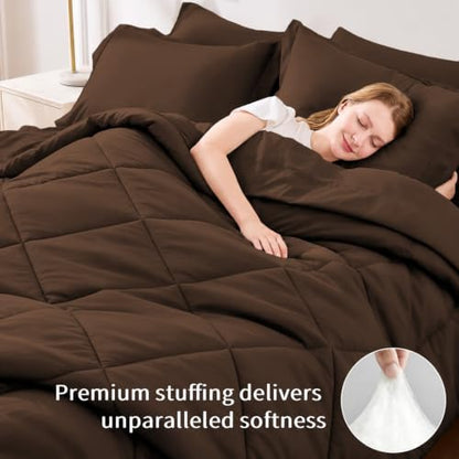 FUANNA King Size Comforter Set 7 PCS, Brown Comforter, Soft Bed in a Bag