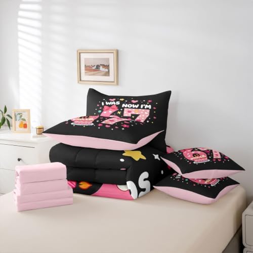 Erosebridal Kids 67 Number Print Twin Comforter Set 7 Piece Cute Pink Kawaii Bedding Set for Girls Princess Bedroom Decor,Girly Trendy Six Seven Bed in A Bag Love Heart Bow Bed Set,Pink Black