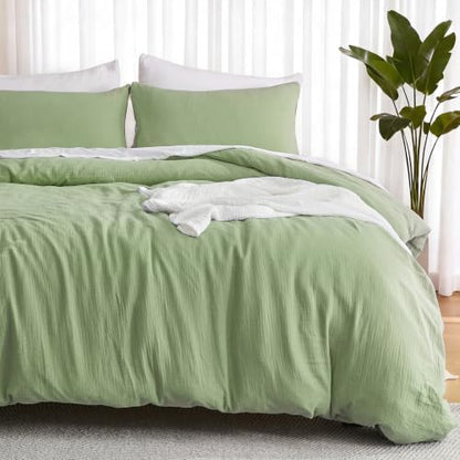 EMME Muslin Cotton Duvet Cover Set Linen Like Sage Green King