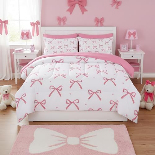 QOOMO Pink Bow 7 Pieces Comforter Set Twin Size,Bowknot Bedding Set