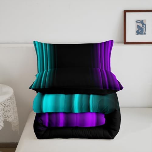 Feelyou Teens Abstract Ombre Decorations Bedding Set for Kids Women Teal Purple and Black Comforter Set Geometric Modern Quilt Set Room 2Pcs Twin Size