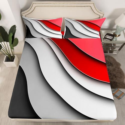 Feelyou Abstract Ombre Red Gray White Bed Sheets Men Adults Teens Ocean Waves Striped Sheet Set Kids Boys Girls Modern Gradient Contemporary Bed Set Bedroom Collection 4Pcs Queen Size