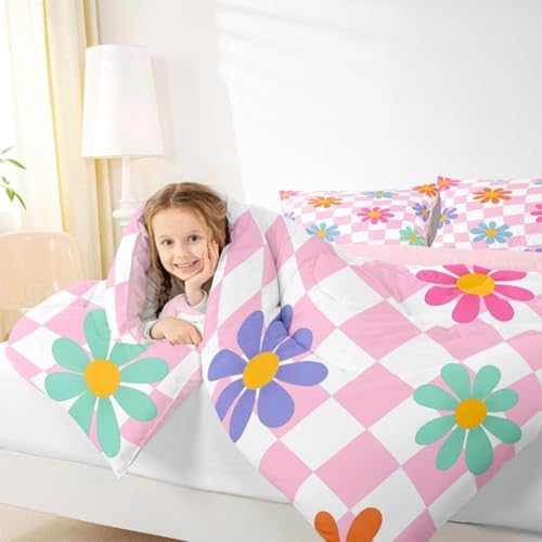 jejeloiu Cute Floral Comforter Set Toddler Size Pink White Checkerboard Bedding Set for Kids Boys Girls Colorful Daisy Duvet Quilt Plaid Grid Bedroom Decor Microfiber 2 Pcs with 1 Pillow Cases