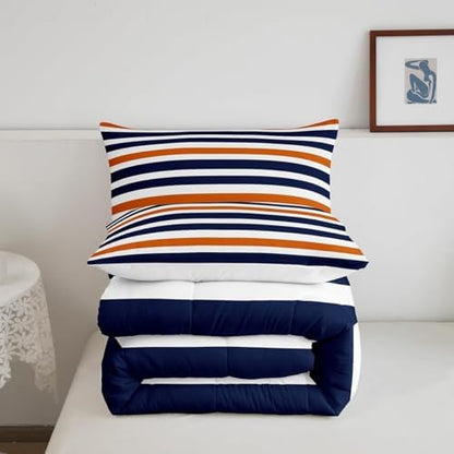 Stripe Art Comforter Set for Teens Blue and Orange Bedding Set Modern Simple Bedding Home Decor for Kids Comforter Twin Size 2 Pcs Stripes Quilted Duvet Set 1 Comforter with 1 Pillowcase