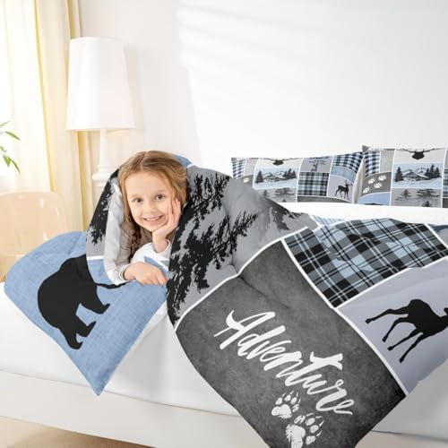 Manfei Deer Antler Comforter Set Full Size,Bear Paws Rustic Farmhouse Xmas Bedding Set for Kids Boys Girls Adults Room Decor,Plaids Patchwork Adventure Down Comforter,Blue Duvet Insert,2 Pillowcases