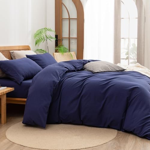 BESTOUCH Cotton Solid Duvet Cover Set Linen Feel Navy Blue Super King Plus