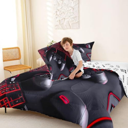 Feelyou Gamer Comforter Set Full Size Gaming Bedding Set for Kids Boys Girls Game Room Decor Duvet Quilt Gamepad Bedroom Decor Red Microfiber 3 Pcs with 2 Pillow Cases
