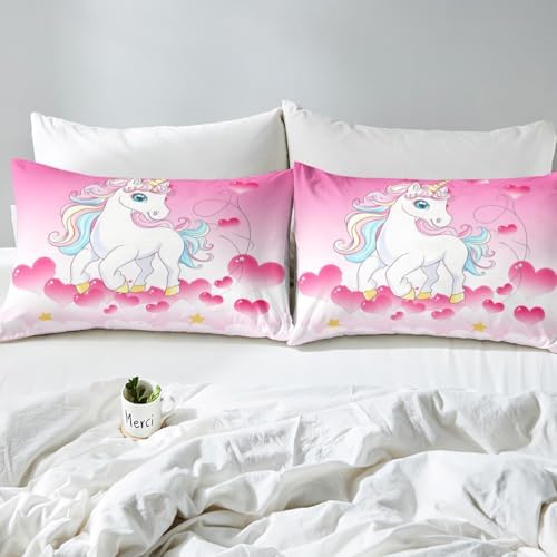 Girls Unicorn Comforter Set Queen Girly Fantasy Rainbow Unicorn Bedding Set for Kids Little Girls, Pink Love Heart Duvet Sets Dreamy Horse Cartoon Magical Animal Down Comforter with 2 Pillowcases