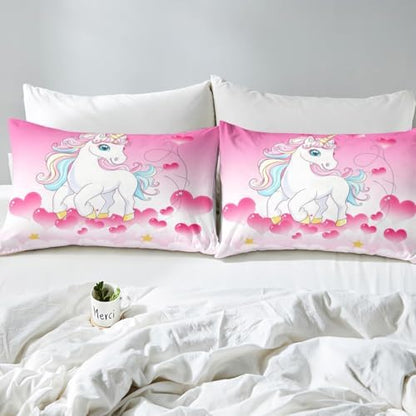 Girls Unicorn Comforter Set Queen Girly Fantasy Rainbow Unicorn Bedding Set for Kids Little Girls, Pink Love Heart Duvet Sets Dreamy Horse Cartoon Magical Animal Down Comforter with 2 Pillowcases