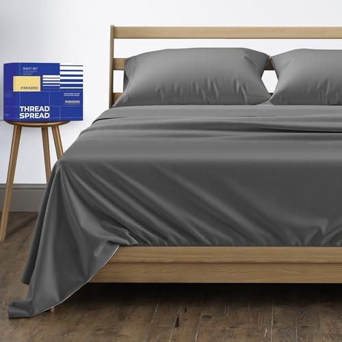 THREAD SPREAD Egyptian Cotton Sheets Queen Size - 1000 Series High Thread Count Cotton Queen Sheet Set (4 PC, Dark Grey), 16" Snug Fit Deep Pocket, Cooling, Sateen Weave Ultra-Soft Hotel Luxury Sheets