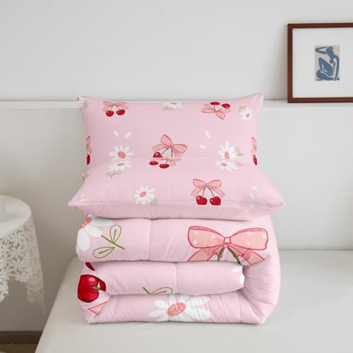 Pink Bowknot Girly Comforter Set Queen Size,Bow Daisy Flowers Plant Cute Bedding Set,Girls Women Room Decor,Cherry Bow Tie Princess Castle Down Comforter,Pink Romantic Duvet Insert,2 Pillowcases