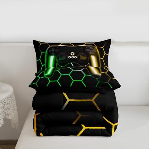 Erosebridal Gaming Bedding Sets for Boys Twin Gamer Comforter Sets with Glitter Honeycomb Printed,Neon Light Game Console Quilted Duvet,Geometric Honeycomb Diamond Down Alternative Comforter 2pcs