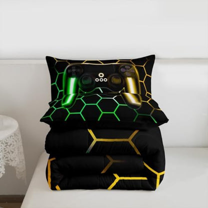 Erosebridal Gaming Bedding Sets for Boys Twin Gamer Comforter Sets with Glitter Honeycomb Printed,Neon Light Game Console Quilted Duvet,Geometric Honeycomb Diamond Down Alternative Comforter 2pcs