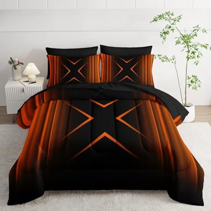 Nttopship Black and Yellow Geometric Comforter Set King Size 7Pieces,3D Abstract Mordern Printed Bedding Set for Adults,Geometric Mordern Decor All Seasons with Pillowcases,Flat, Fitted Sheet
