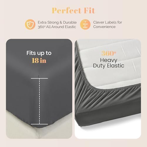 100% Egyptian Cotton Split King Sheets Sets for Adjustable Bed - Luxury 800 Series Elite Collection Top Sheet (5 PC, Dark Grey), Soft Cooling Hotel Sheet, Fits Mattress Upto 18"