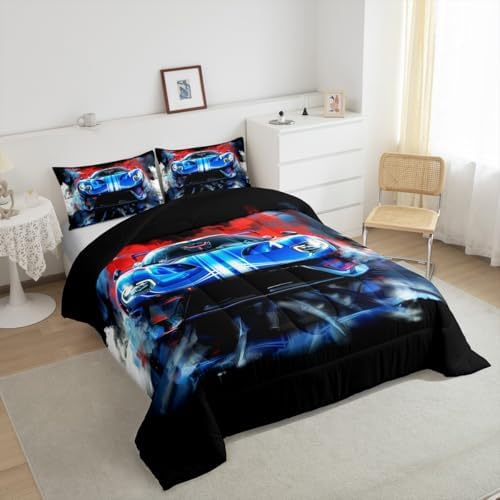 Erosebridal 3 Pieces Race Car Comforter Set King Size Blue Sports Car Bedding Sets for Boy 3D Racing Cars Comforter with 2 Pillowcases,Cool Race Cars Room Decor for Kids Teens,Comfortable and Soft