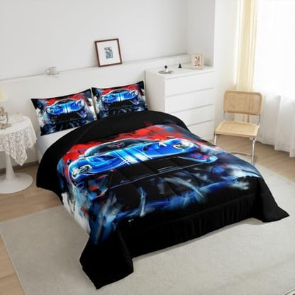 Erosebridal 3 Pieces Race Car Comforter Set King Size Blue Sports Car Bedding Sets for Boy 3D Racing Cars Comforter with 2 Pillowcases,Cool Race Cars Room Decor for Kids Teens,Comfortable and Soft