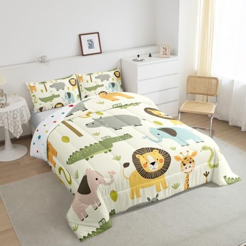 Feelyou Nursery Cute Wild Animals Bedding Set for Girls Boys Child Kids Cartoon Lion Giraffe Crocodile Comforter Decor Nature Wildlife Comforter Set Zoo Animal Duvet Set King Size Quilt Boys